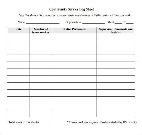 Printable Community Service Log Sheet