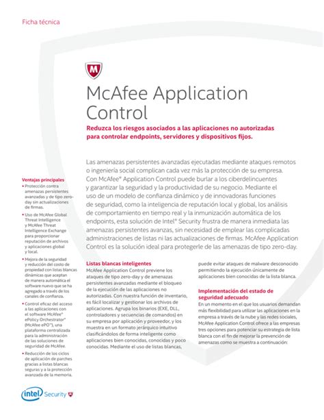 Mcafee Application Control Ficha T Cnica