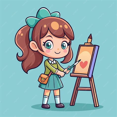 Premium Vector Cute Girl Painting On An Art Easel Cartoon Vector