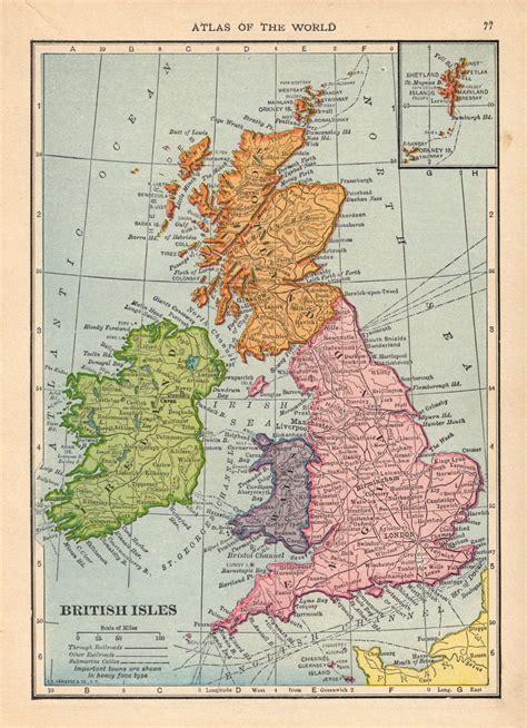 Antique United Kingdom Map Vintage British Isles Map Ireland