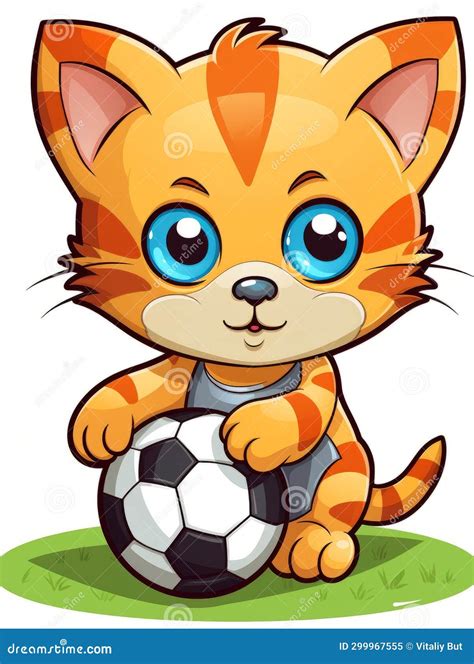 Cartoon Sticker Cute Kitten Football Player With A Soccer Ball Ai