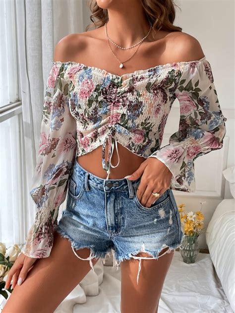 Shein Vcay Floral Print Off Shoulder Drawstring Front Flounce Sleeve