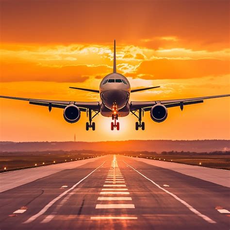 Avión despegando de la pista del aeropuerto al atardecer concepto de