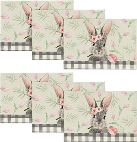 Amazon Artoid Mode Buffalo Plaid Bunny Rabbit Tulips Placemats Set