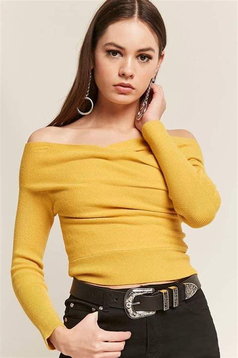 Forever 21 Ribbed Knit Crisscross Off The Shoulder Crop Top