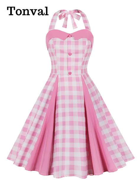 Tonval Sweetheart Neckline Halter Retro Evening Women Vintage Dress Button Front Pink Plaid