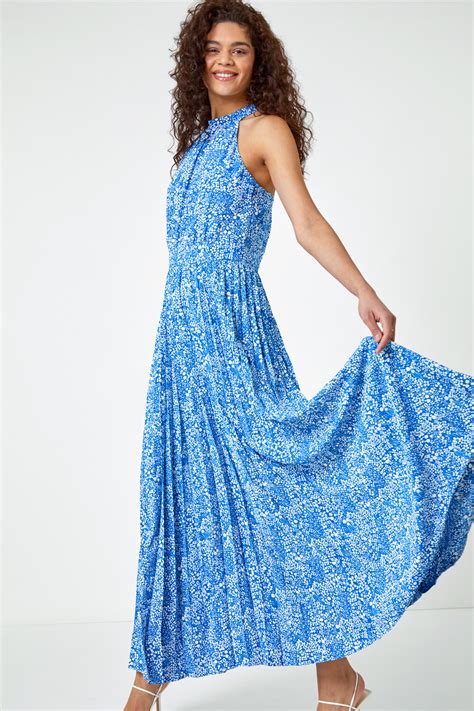 Royal Blue Ditsy Floral Halter Neck Maxi Dress Roman Uk