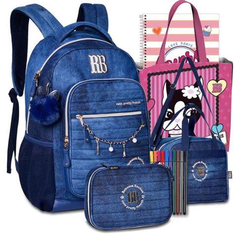 Kit Mochila Rb Rebecca Bonbon Escolar Feminina Jeans Lancheira E Estojo