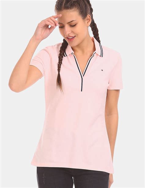 Buy Tommy Hilfiger Women Pink V Neck Solid Polo Shirt