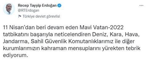 Cumhurbaşkanı Erdoğan dan Mavi Vatan 2022 Tatbikatı için tebrik