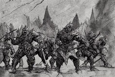 Group Of Orcs Storming A Castle In The Style Of Greg Stable