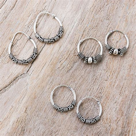 Traditional Thai Sterling Silver Hoop Earrings Set Of 3 Traditional Thailand Novica