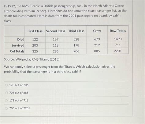 Solved In The Rms Titanic A British Passenger Ship Sank In