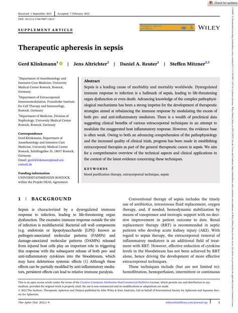 Pdf Therapeutic Apheresis In Sepsis