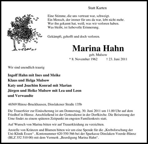 Traueranzeigen Von Marina Hahn Trauer In Nrw De