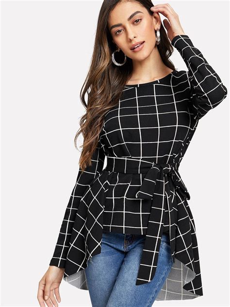 Self Belted Asymmetrical Hem Top Sheinsheinside Grid Top Asymmetrical Hem Top Belt Top