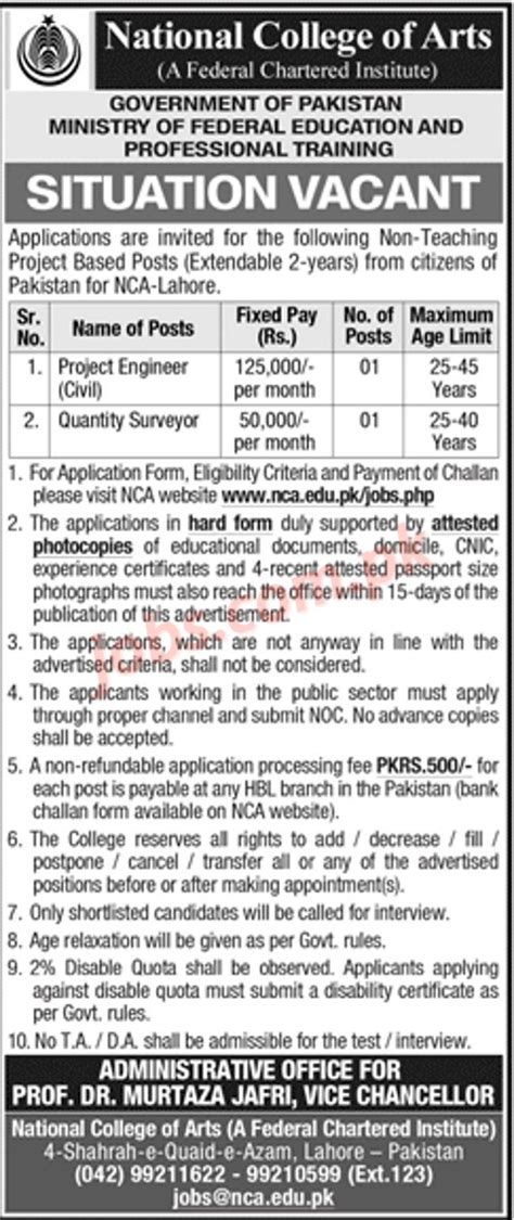 National College Of Arts NCA Lahore Jobs 2022 For Project Engineer