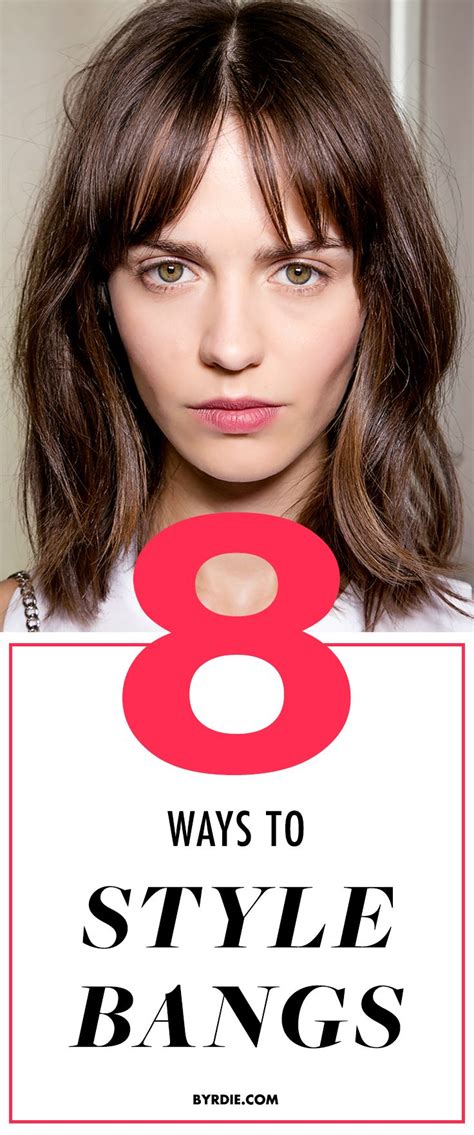 A Woman Holding A Sign That Says 8 Ways To Style Bangs