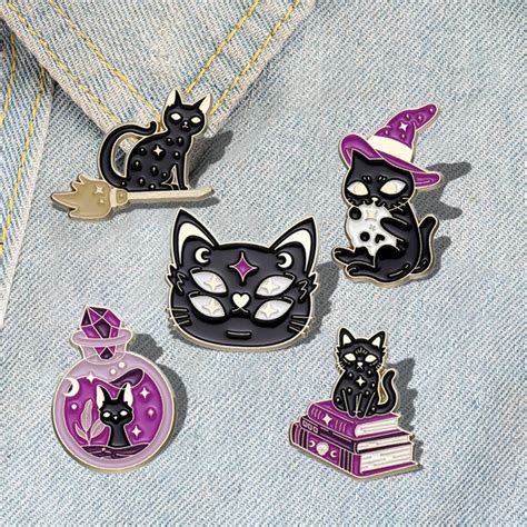 Witch Cats Enamel Pins Custom Black Kitten Spell Book Magic Potion