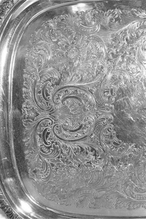 Antique English Silver Plated Serving Tray With Ornate Accents And