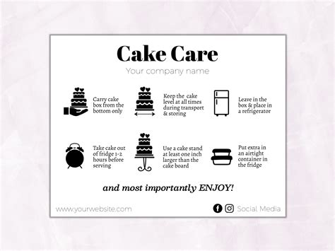 Cake Care Card Instructions Template Printable Cake Guide Editable