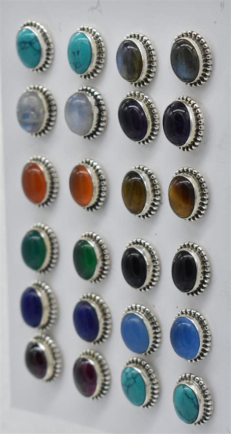 Gemstone Sterling Silver Stud Earrings Pairs Of Natural Etsy