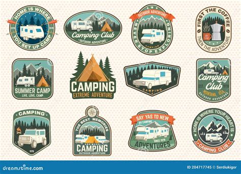 Set Of Rv Camping Badges Patches Vector Concept For Shirt Or Logo