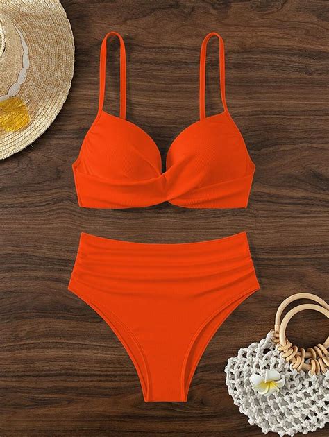 Damen Einfarbiger Bikini Badeanzug Mit B Gel F R Den Urlaub Shein