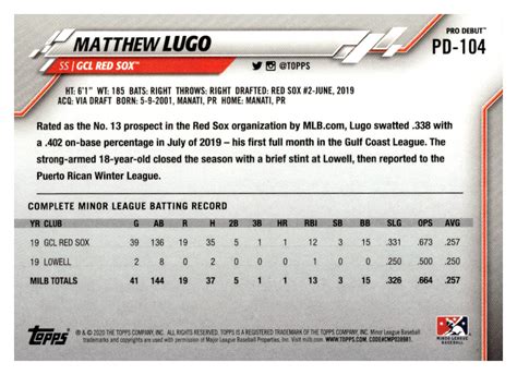 Topps Pro Debut Pd Matthew Lugo Red Sox Ebay