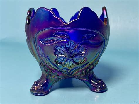 Mavin Vintage Imperial Glass Carnival Cracked Egg Footed Candy Dish Iridescent Blue