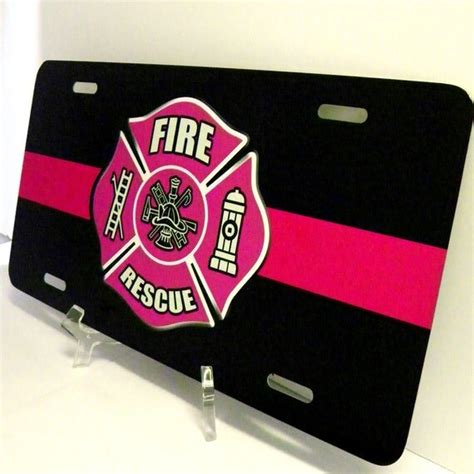 Pink Firefighter Girl License Plate With Thin Pink Line