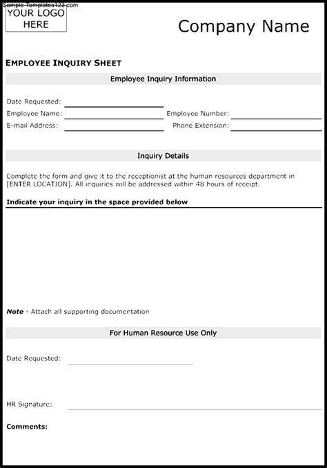 Employee Inquiry Sheet Template Sample Templates Sample Templates