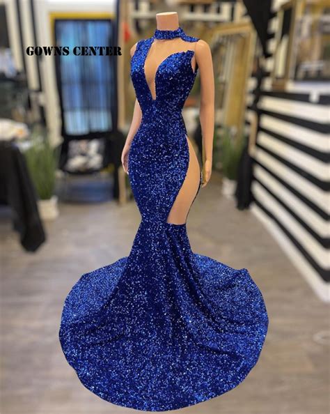 Royal Blue Sequin Prom Dresses For Black Girls Sparkly Evening Gown