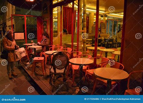 Very Cute Colorful And Pink Cafe Facade In Paris Street During Night Editorial Photo Image