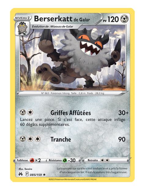 FR Pokémon Carte EB12 5 085 159 Berserkatt de Galar RARE