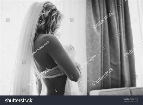 Black White Portrait Bride Sexy Lingerie Stock Photo