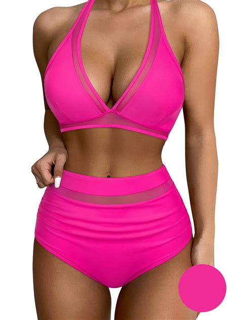 Awchic Women Sexy High Waist Bikini Sets Mesh Tummy Control Two Piece