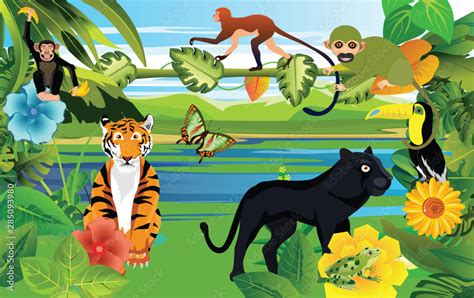 Cartoon animals on jungle background, tiger, panther, monkeys, birds and tropical plants, vector ...