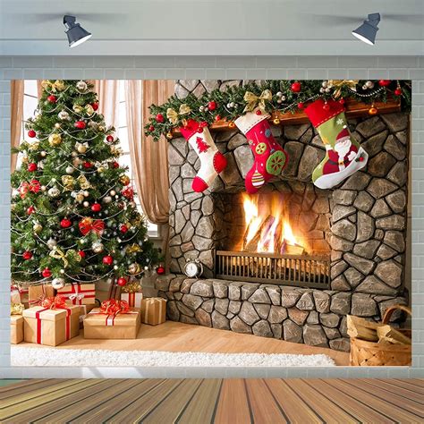 Mocsicka Christmas Fireplace Backdrop 7x5ft Merry