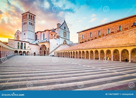 Basilica Of St Francis Of Assisi At Sunset Assisi Umbria Italy Editorial Photography Image