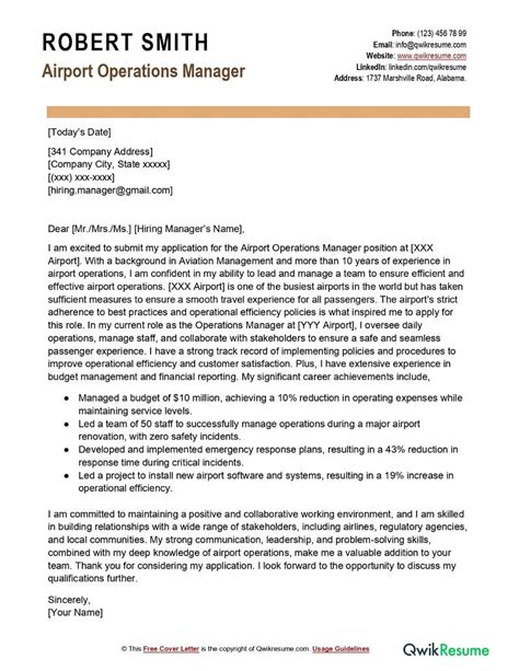 Airport Operations Manager Cover Letter Examples QwikResume