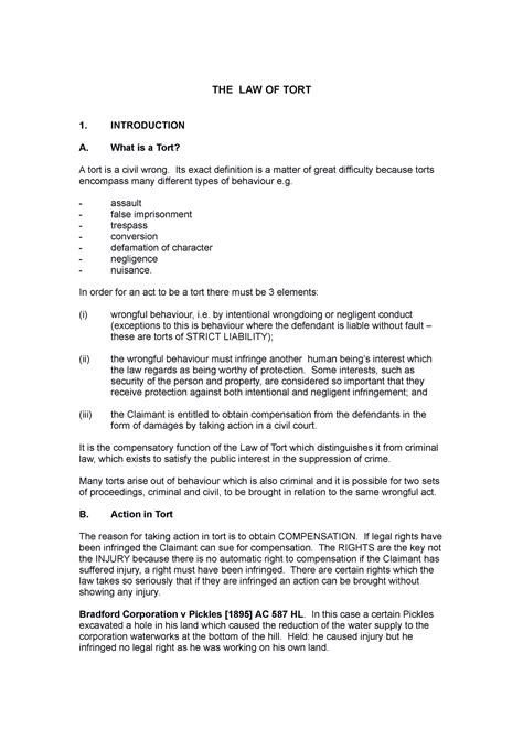 Torts The Law Of Tort 1 Introduction A What Is A Tort A Tort Is A