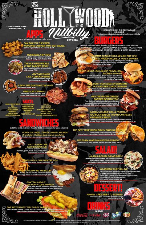 Menu At The Hollywood Hillbilly Pub And Bar Rogersville