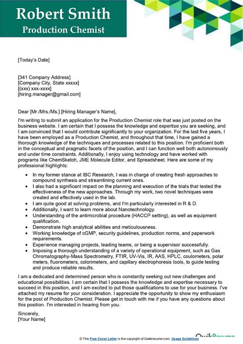 Production Chemist Cover Letter Examples Qwikresume