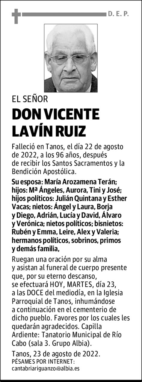 Don Vicente Lavin Ruiz Esquela Necrol Gica El Diario Monta S