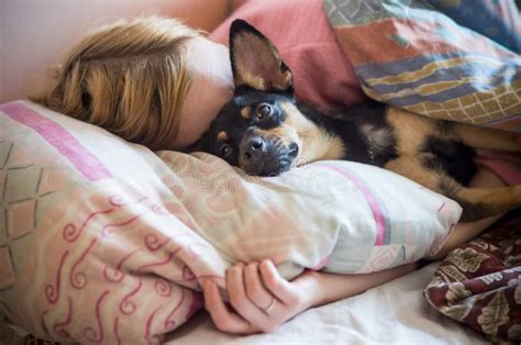 Femme Avec Le Chien Dormant Dans Le Lit Image Stock Image Du Pi Ce