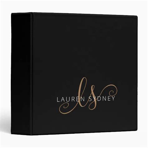 Modern Black Gold Feminine Script Monogrammed 3 Ring Binder Zazzle