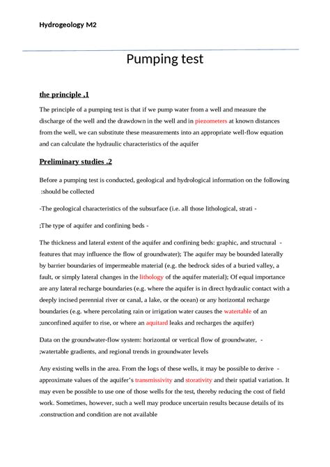 Hydrogeology M2 Pumping Test Exams Climatology Docsity