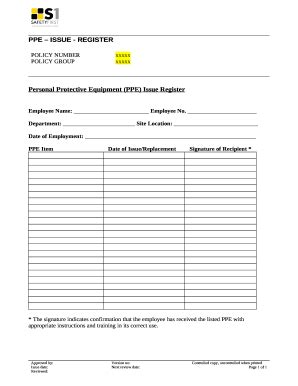 Au S Personal Protective Equipment Ppe Issue Register Fill And