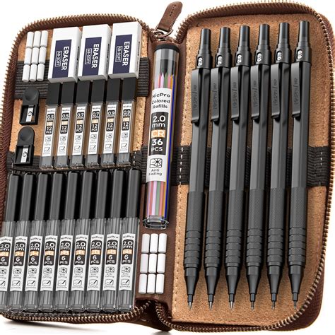 Nicpro Pcs Black Metal Mechanical Pencil Set In Leather Case Art